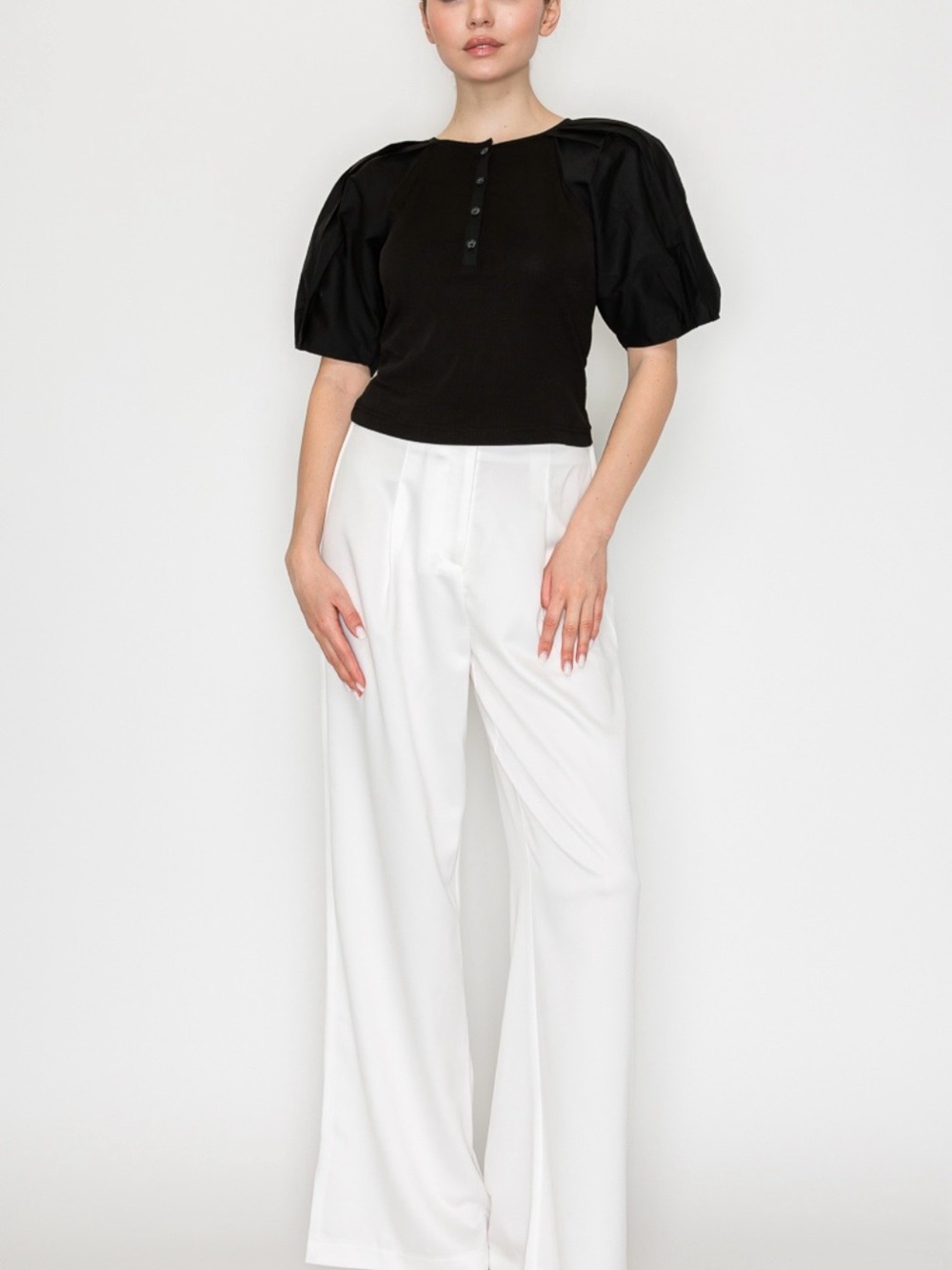 iris Black Puff-Sleeve Henley Top